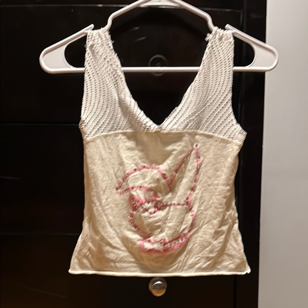Vintage Playboy Cream and Pink Ribbed Fitted Tank Top
